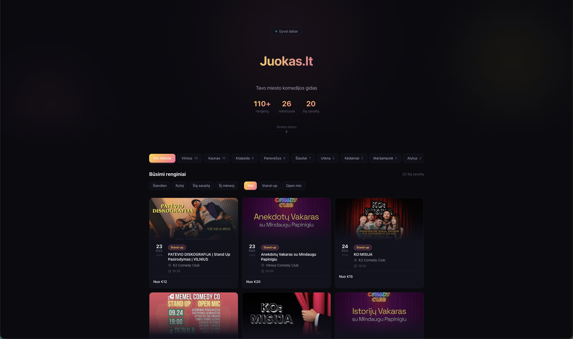 Juokas.lt comedy events aggregator homepage screenshot