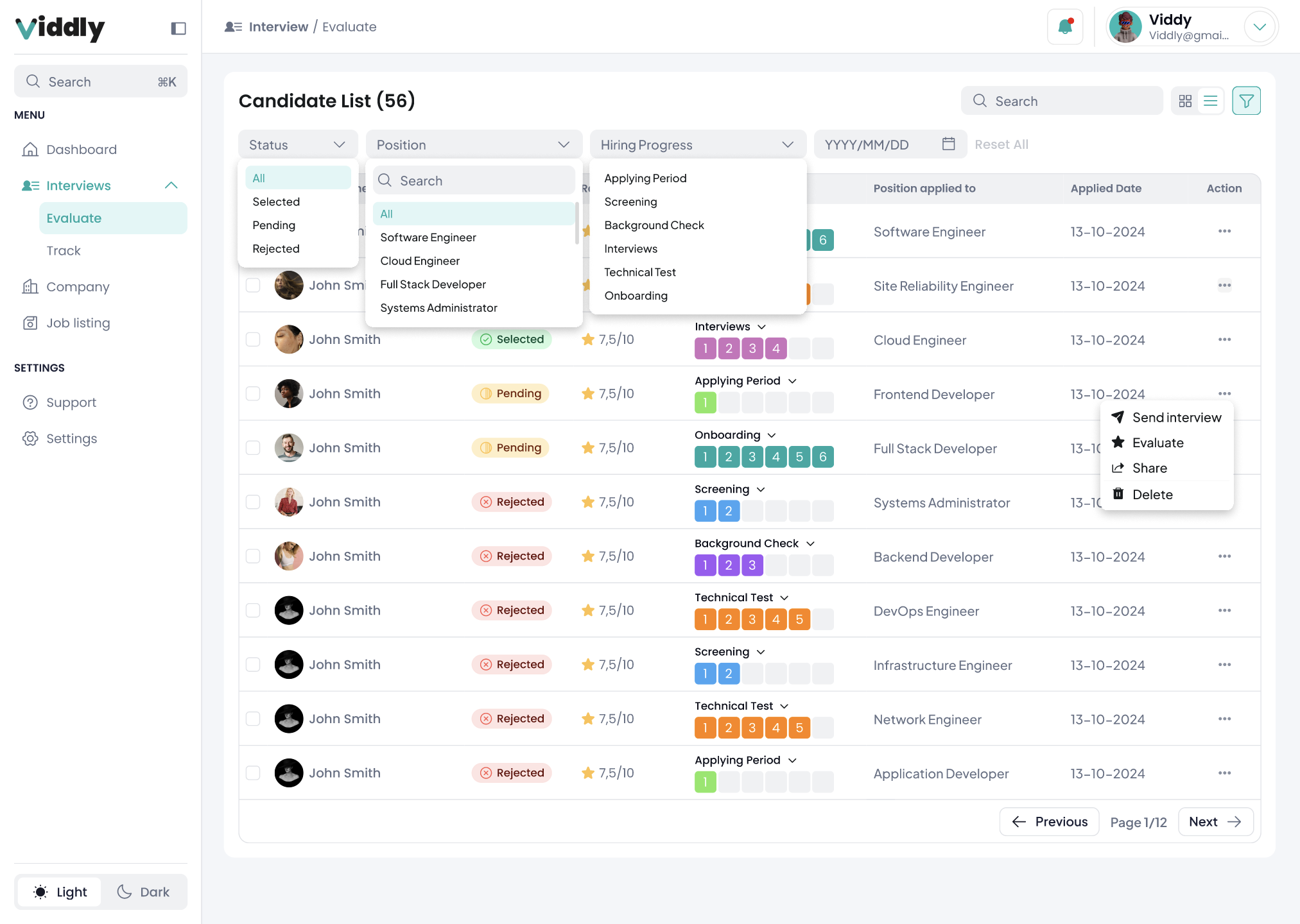 Viddly interview platform web app screenshot